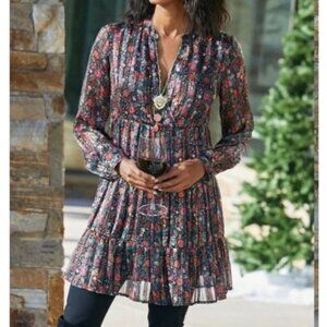 New Soft Surroundings Castile Floral Tiered‎ Long Sleeve Tunic Dress
